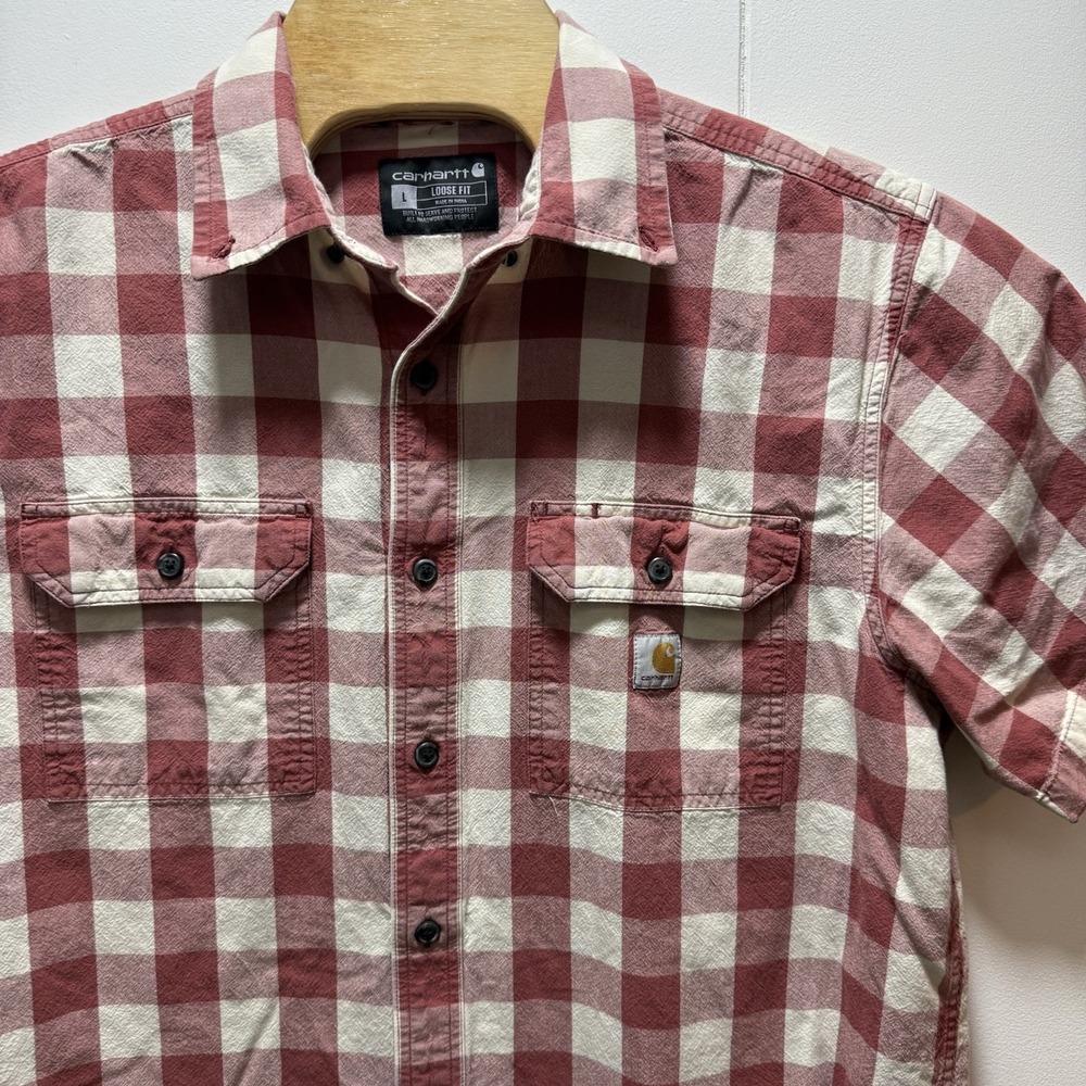 Carhartt Shirt Men's Size Large Red Plaid Button Up Short Sleeve Loose Fit
